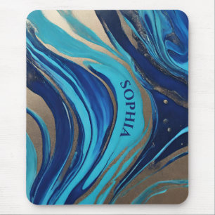 Modern Abstract Flow Art- Blue and Gold- Mouse Mat