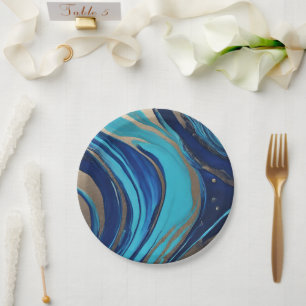 Modern Abstract Flow Art-Blue and Gold- Paper Plate