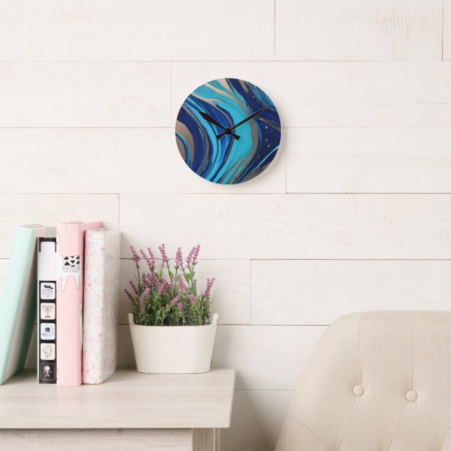 Modern Abstract-Flow Art-Blue and Gold- Round Clock (Reading Room)