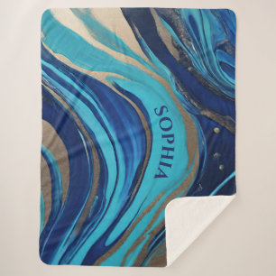 Modern Abstract Flow Art-Blue and Gold- Sherpa Blanket