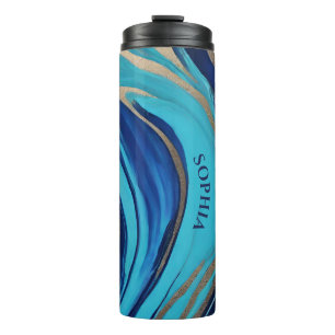 Modern Abstract-Flow Art-Blue and Gold- Thermal Tumbler