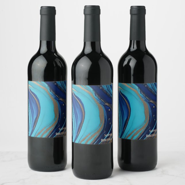Modern Abstract Flow Art- Blue and Gold- Wine Label (Bottles)