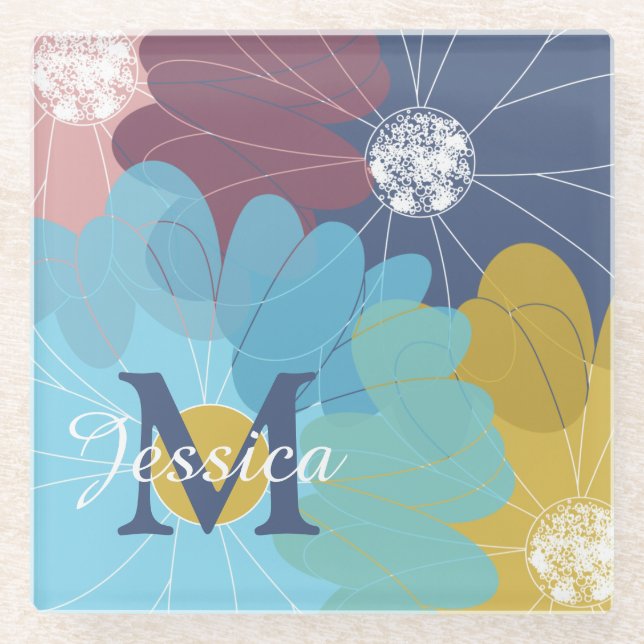 Modern Abstract Flower Art Personalised Glass Coaster (Front)