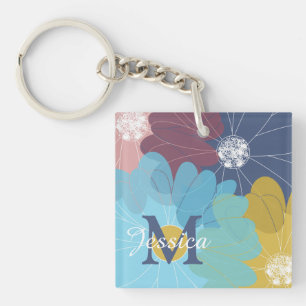 Modern Abstract Flower Art Personalised Key Ring