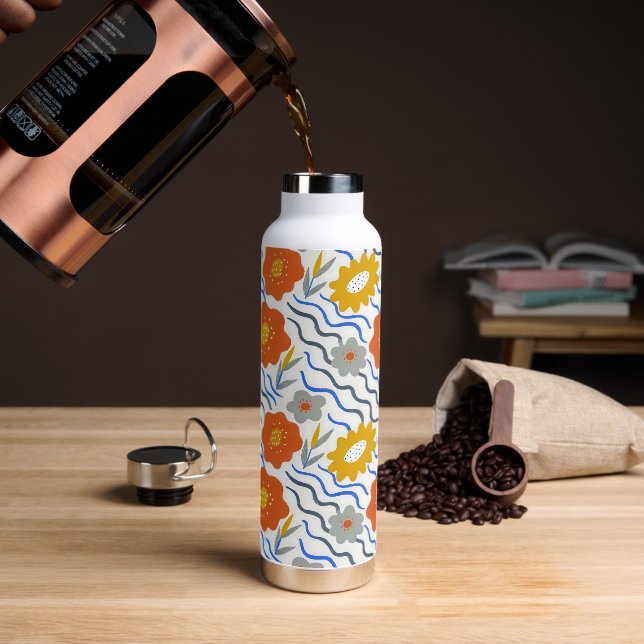 Modern Abstract Flowers Boho Wavy Water Bottle (Coffee)