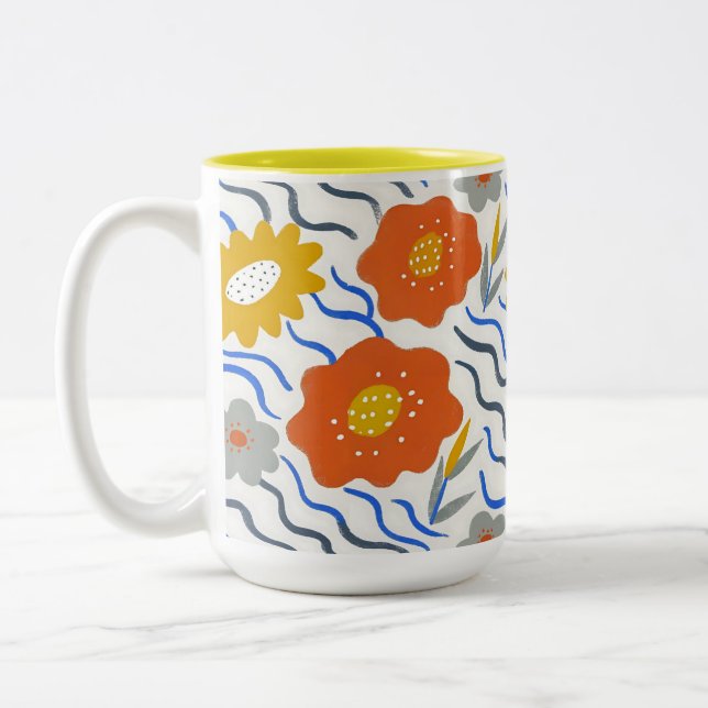 Modern Abstract Flowers Vibrant Wavy Two-Tone Coffee Mug (Left)