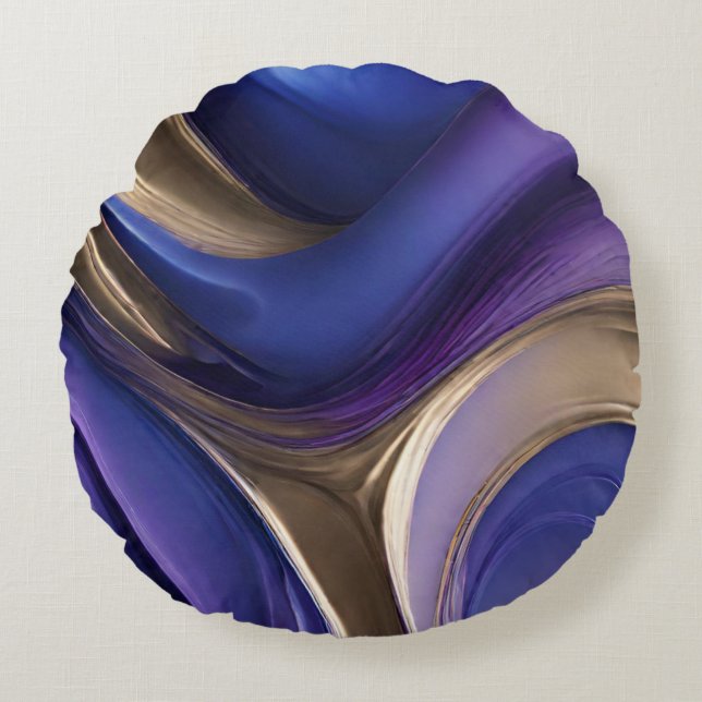 Modern Abstract-Fluid Art-Blue Purple and Gold Round Cushion (Front)