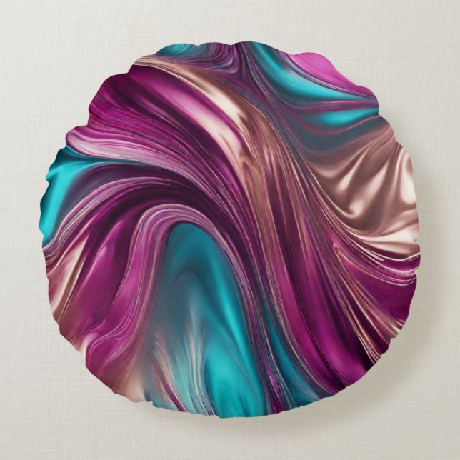 Modern Abstract-Fluid Art-Magenta Turquoise Gold- Round Cushion (Front)