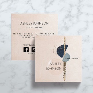 Modern Abstract Flute Teacher Blush & Navy Social Square Business Card