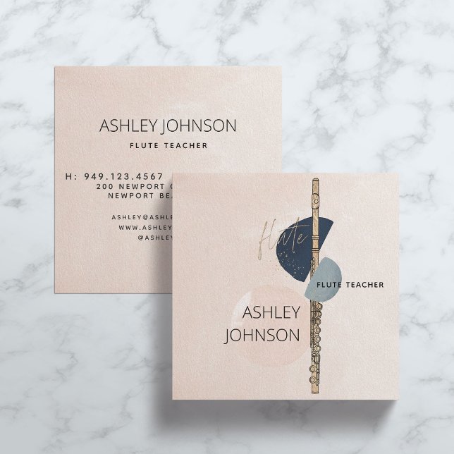 Modern Abstract Flute Teacher Blush & Navy Square Square Business Card (Creator Uploaded)