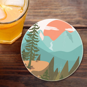 Modern Abstract Forest, Mountains, and Sunrise Coaster