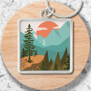 Modern Abstract Forest, Mountains, and Sunrise Key Ring