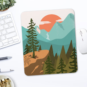 Modern Abstract Forest, Mountains, and Sunrise Mouse Mat