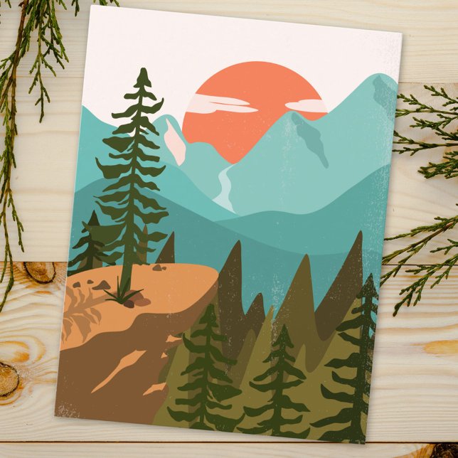 Modern Abstract Forest, Mountains, and Sunrise Postcard (Close up)