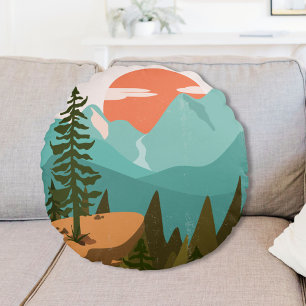 Modern Abstract Forest, Mountains, and Sunrise Round Cushion