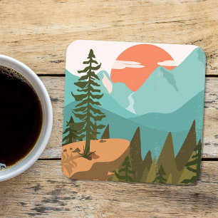 Modern Abstract Forest, Mountains, and Sunrise Square Paper Coaster