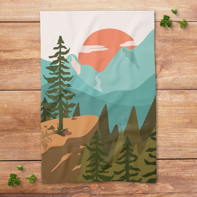 Modern Abstract Forest, Mountains, and Sunrise Tea Towel (In siitu)
