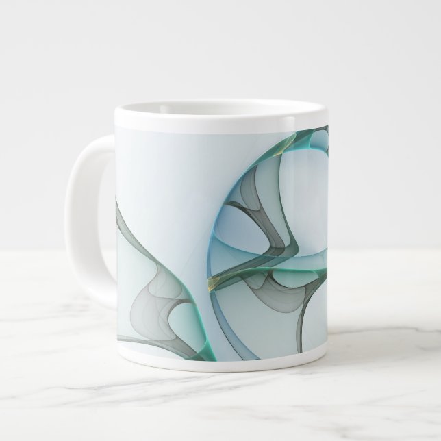 Modern Abstract Fractal Art Blue Turquoise Gray Large Coffee Mug (Front Left)