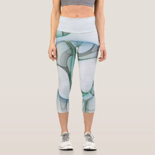 Modern Abstract Fractal Art Blue Turquoise Grey Capri Leggings