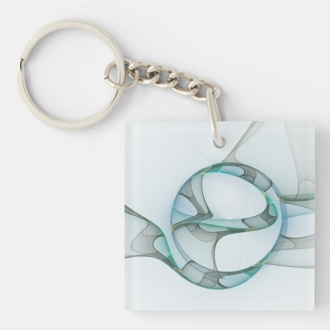 Modern Abstract Fractal Art Blue Turquoise Grey Key Ring (Front)