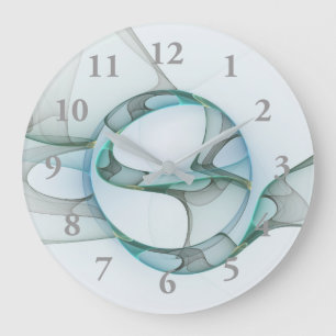Modern Abstract Fractal Art Blue Turquoise Grey Large Clock