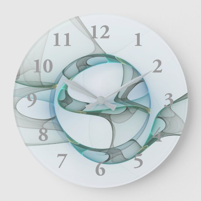 Modern Abstract Fractal Art Blue Turquoise Grey Large Clock (Front)