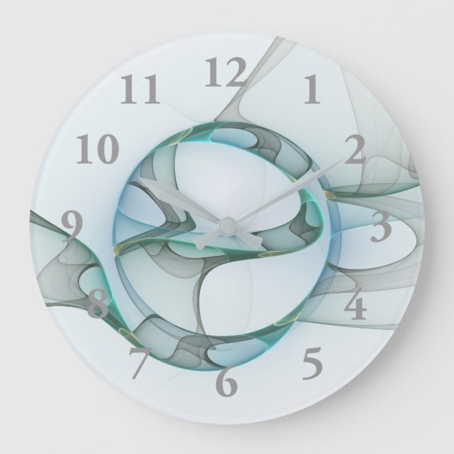 Modern Abstract Fractal Art Blue Turquoise Grey Large Clock (Front)