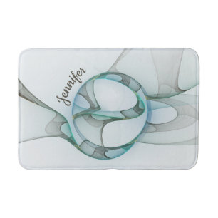 Modern Abstract Fractal Blue Turquoise Grey Name Bath Mat
