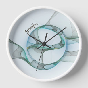 Modern Abstract Fractal Blue Turquoise Grey Name Clock