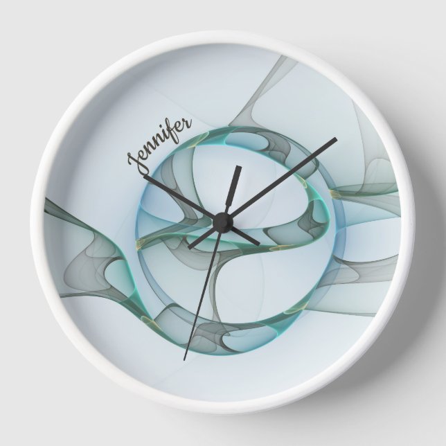 Modern Abstract Fractal Blue Turquoise Grey Name Clock (Front)