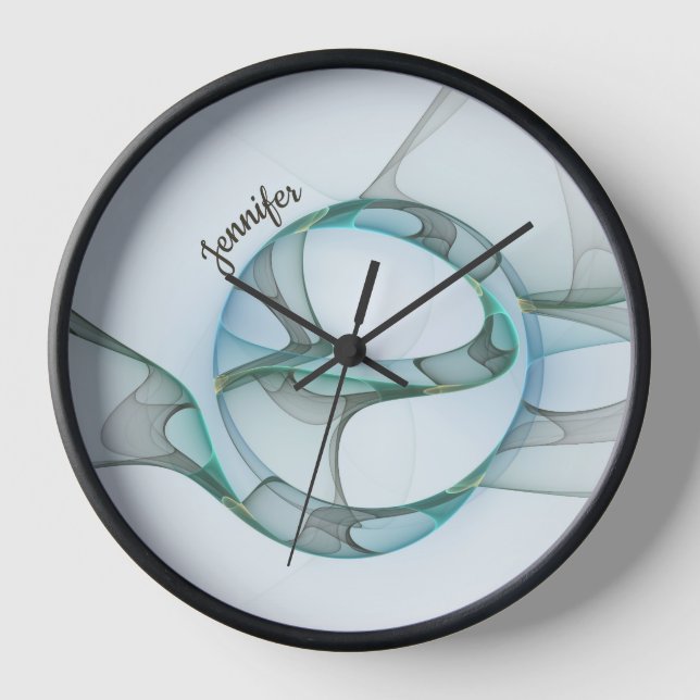 Modern Abstract Fractal Blue Turquoise Grey Name Clock (Front)