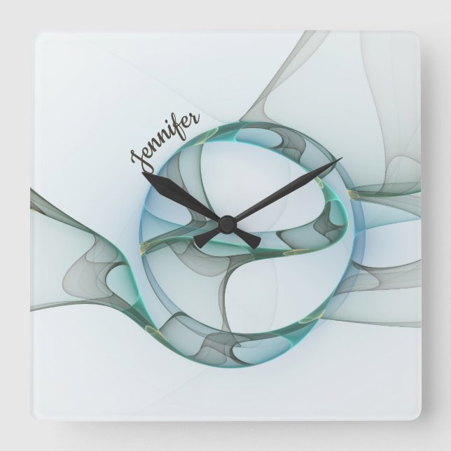 Modern Abstract Fractal Blue Turquoise Grey Name Square Wall Clock (Front)