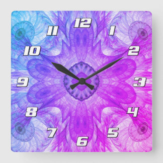Modern Abstract Fractal Pink Blue with Numbers Square Wall Clock