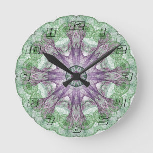 Modern Abstract Fractal Purple and Green Design Round Clock