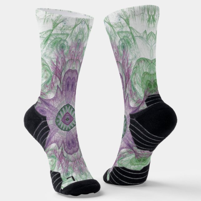 Modern Abstract Fractal Purple and Green Design Socks (Angled)