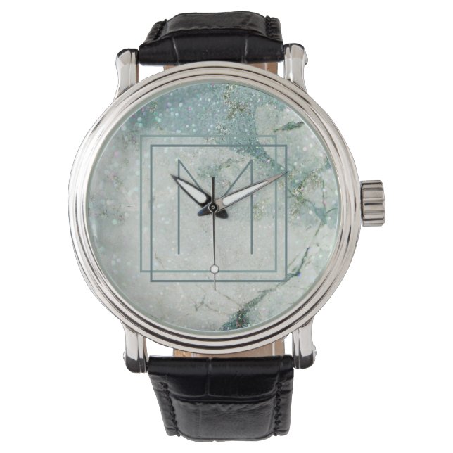 Modern Abstract Framed Monogram Teal Blue Marble Watch (Front)