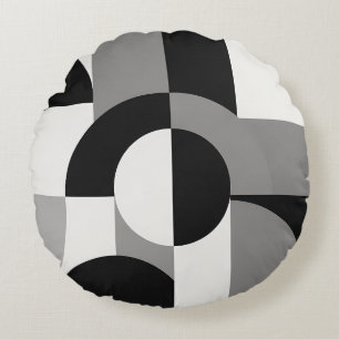 Modern Abstract Geometric Art Pattern in Monochrom Round Cushion