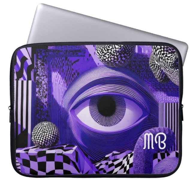 Modern Abstract Geometric Black White Purple 15" Laptop Sleeve (Front)