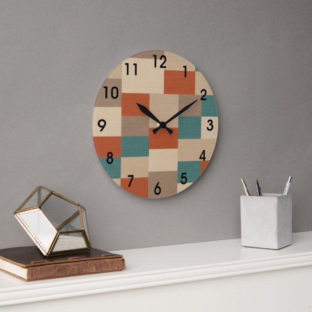 Modern Abstract Geometric Block in Teal & Beige Large Clock (Office)