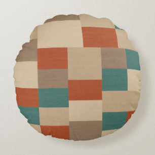 Modern Abstract Geometric Block in Teal & Beige Round Cushion