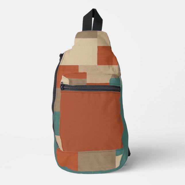 Modern Abstract Geometric Block in Teal & Beige Sling Bag (Front)