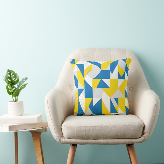 Modern Abstract Geometric Blue and Yellow Mosaic Cushion (Chair)