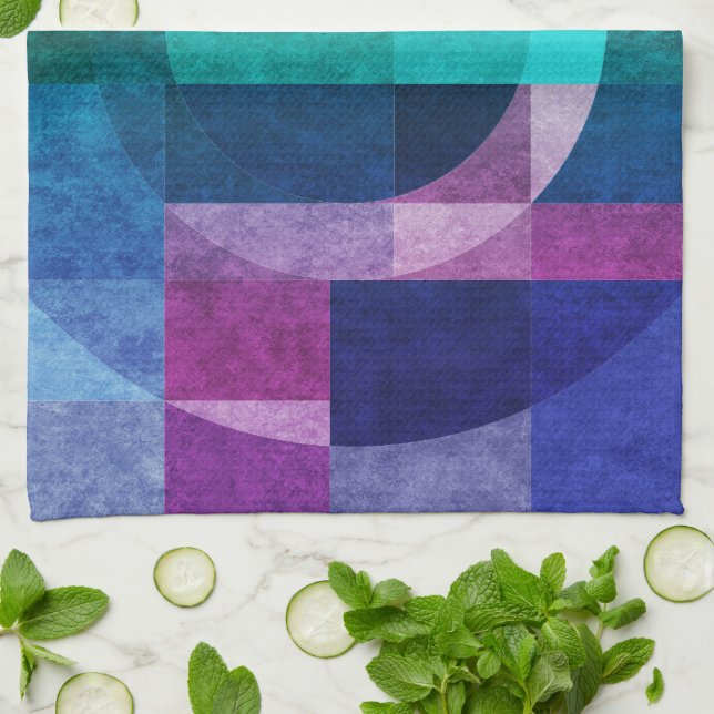Modern abstract geometric Blue green pink Circle Tea Towel (Folded)