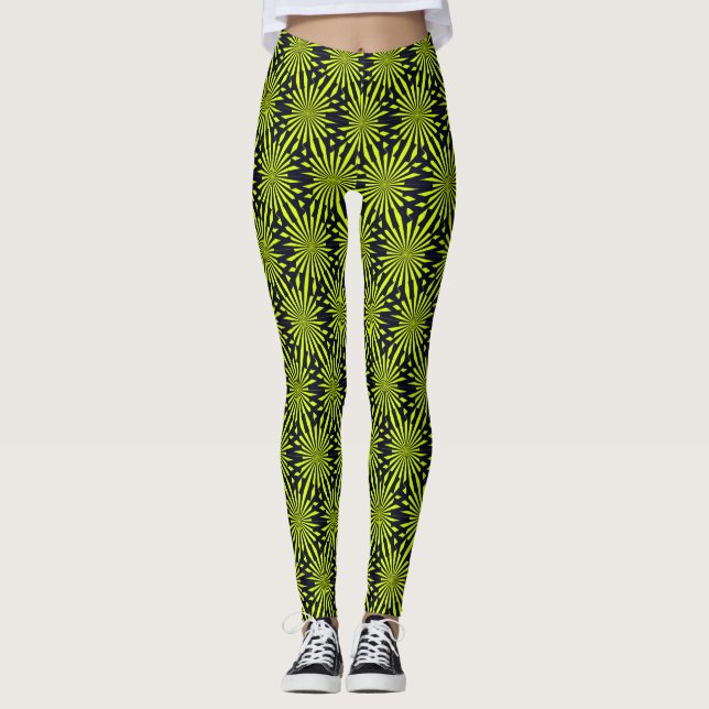 Modern Abstract Geometric Green Black Fireworks Leggings (Front)