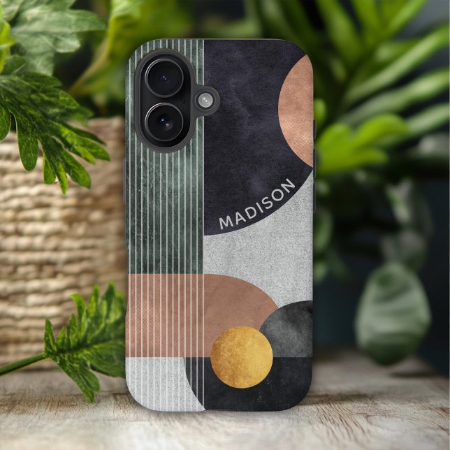 Modern Abstract Geometric Marble Custom Name iPhone 16 Case (Creator Uploaded)