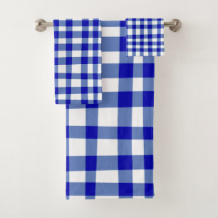 Modern Abstract Gingham Plaid in Bold Blue White Bath Towel Set