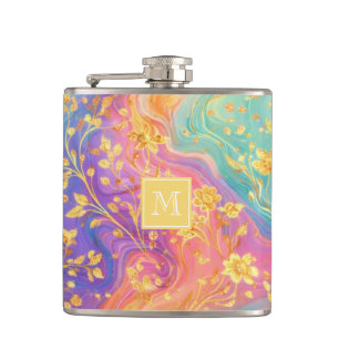 Modern Abstract Glitter Floral Monogram Design Hip Flask
