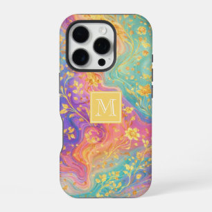 Modern Abstract Glitter Floral Monogram Design iPhone 16 Pro Case