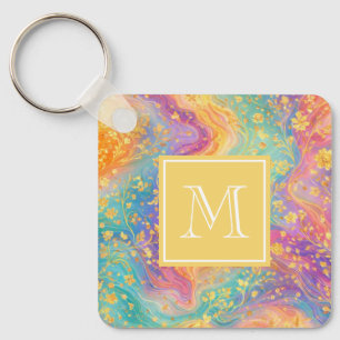 Modern Abstract Glitter Floral Monogram Design Key Ring