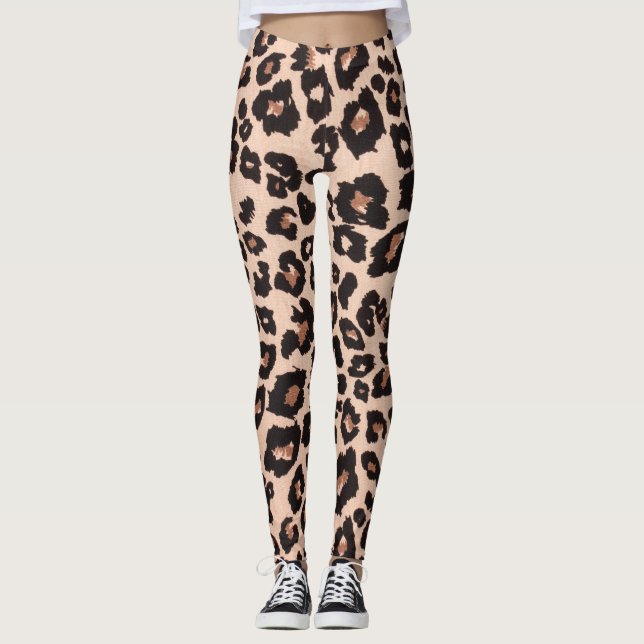 Modern abstract gold black leopard print leggings (Front)